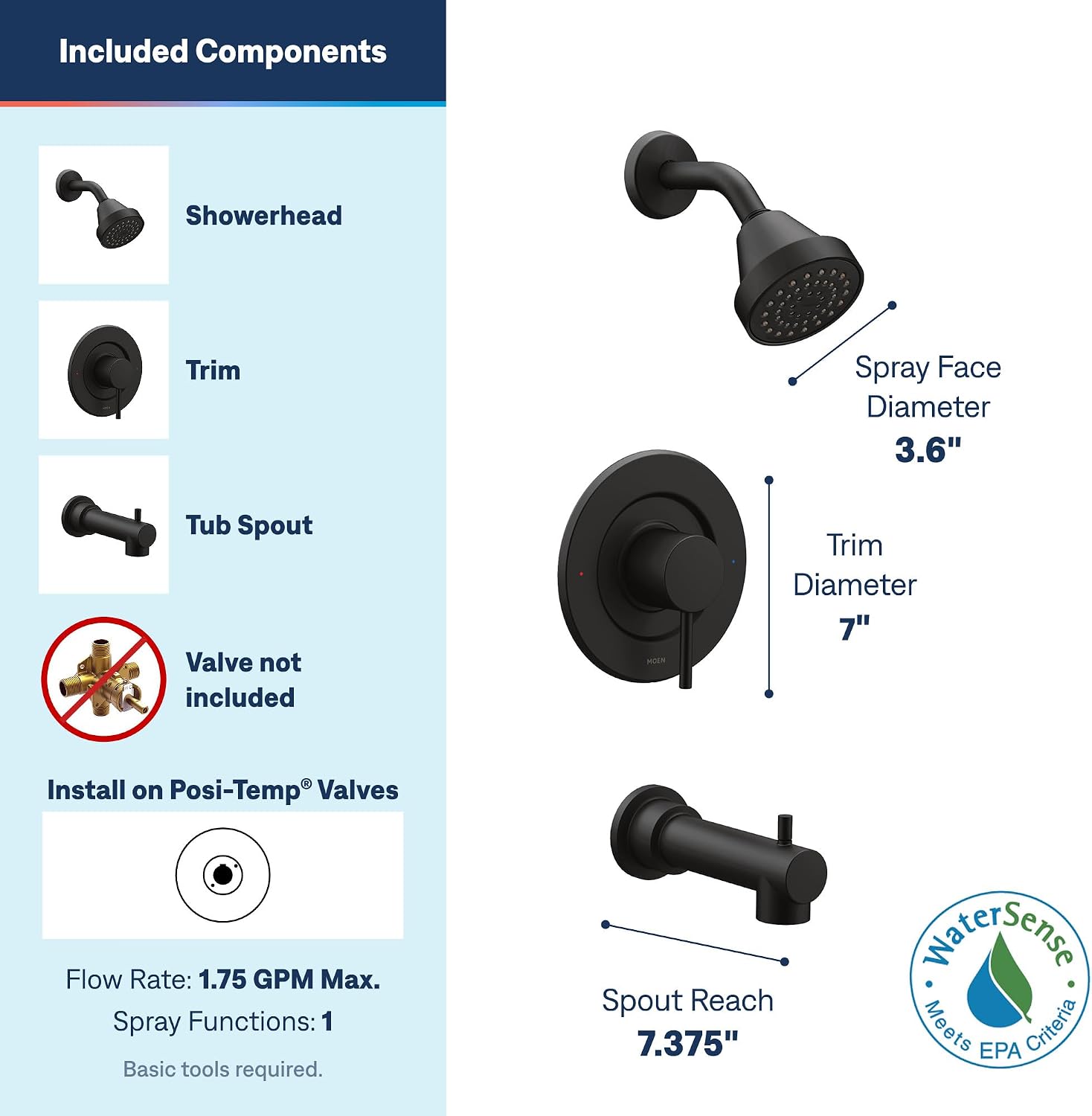 Moen Align Tub & Shower Trim Kit, Valve Required, Matte Black, T2193EPBL