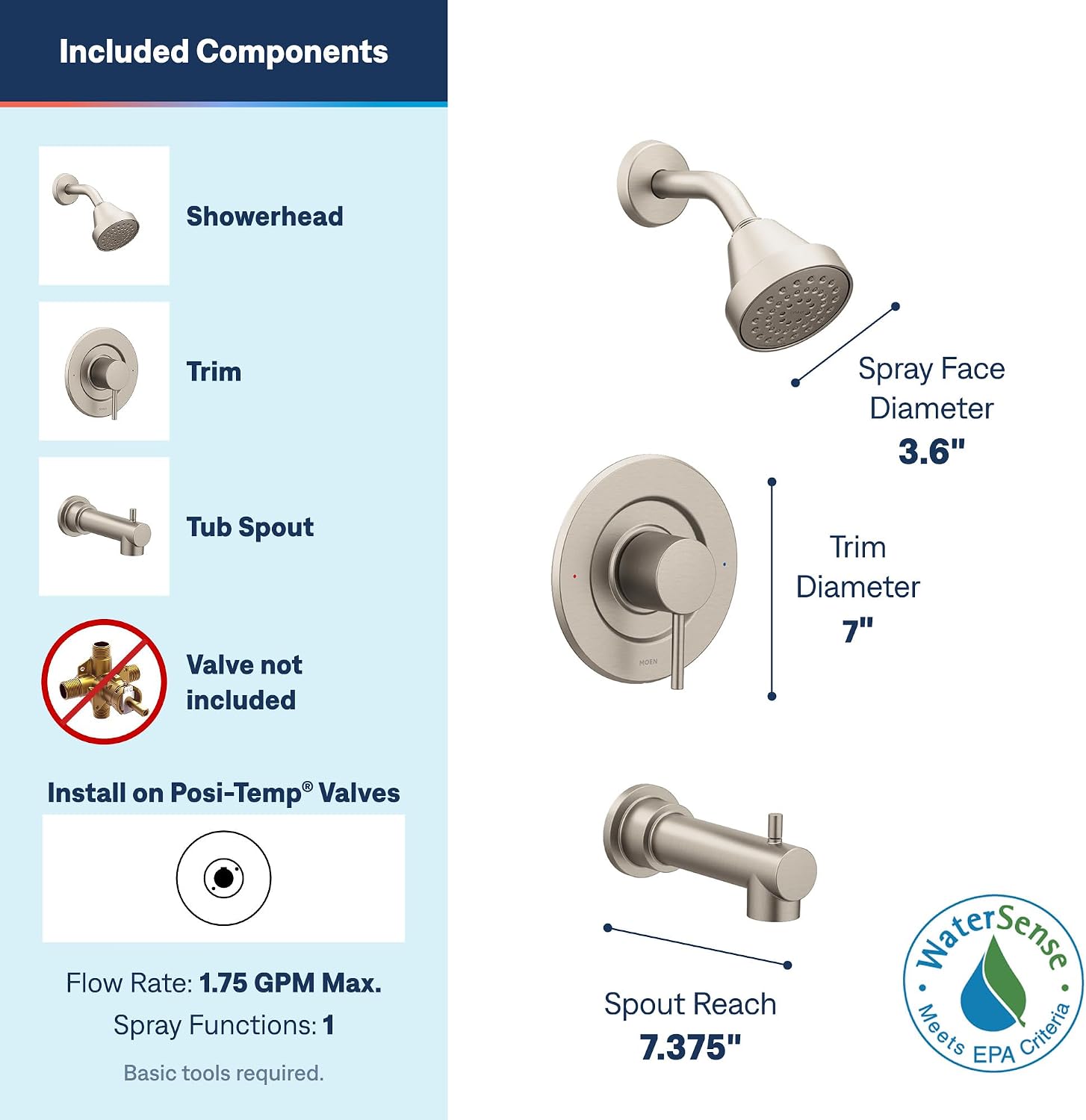 Moen Align Tub & Shower Trim Kit, Valve Required, Brushed Nickel, T2193EPBN