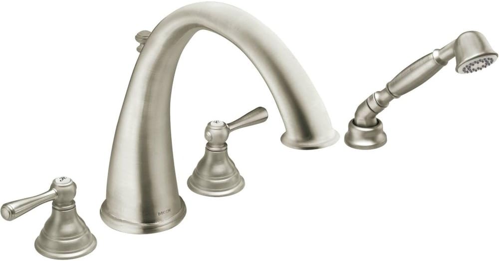 Moen T922BN Kingsley Two-Handle Deck Mount Roman Tub Faucet Trim Kit, Valve Required, Including Single Function Handshower, Brushed Nickel
