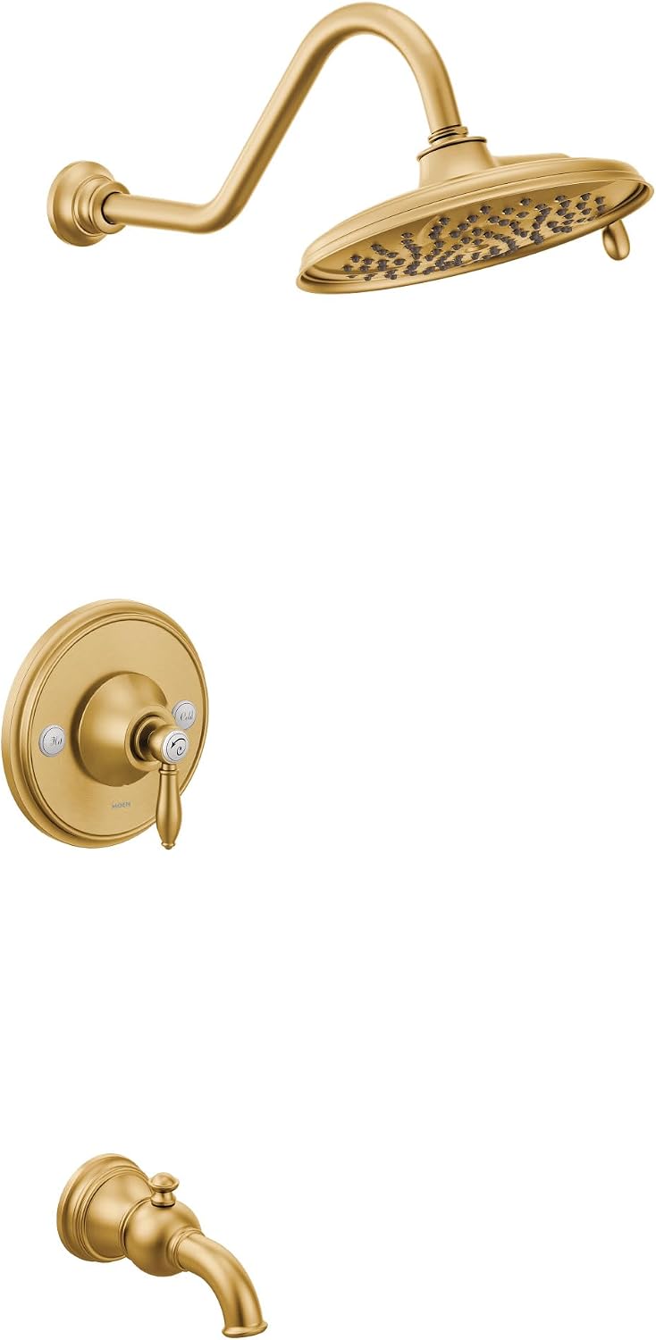 Moen TS32104EPBN Weymouth Posi-Temp Tub and Shower Trim Kit, Valve Required, including 9-Inch 2-Spray Eco-Performance Rainshower, Brushed Gold