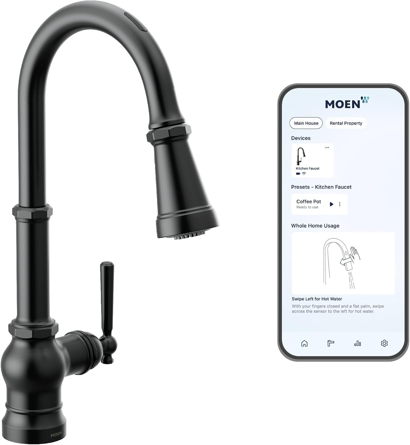 Moen Paterson Matte Black Smart Faucet Touchless Pull-Down Sprayer Kitchen Faucet with Voice and Motion Control, S75003EV2BL
