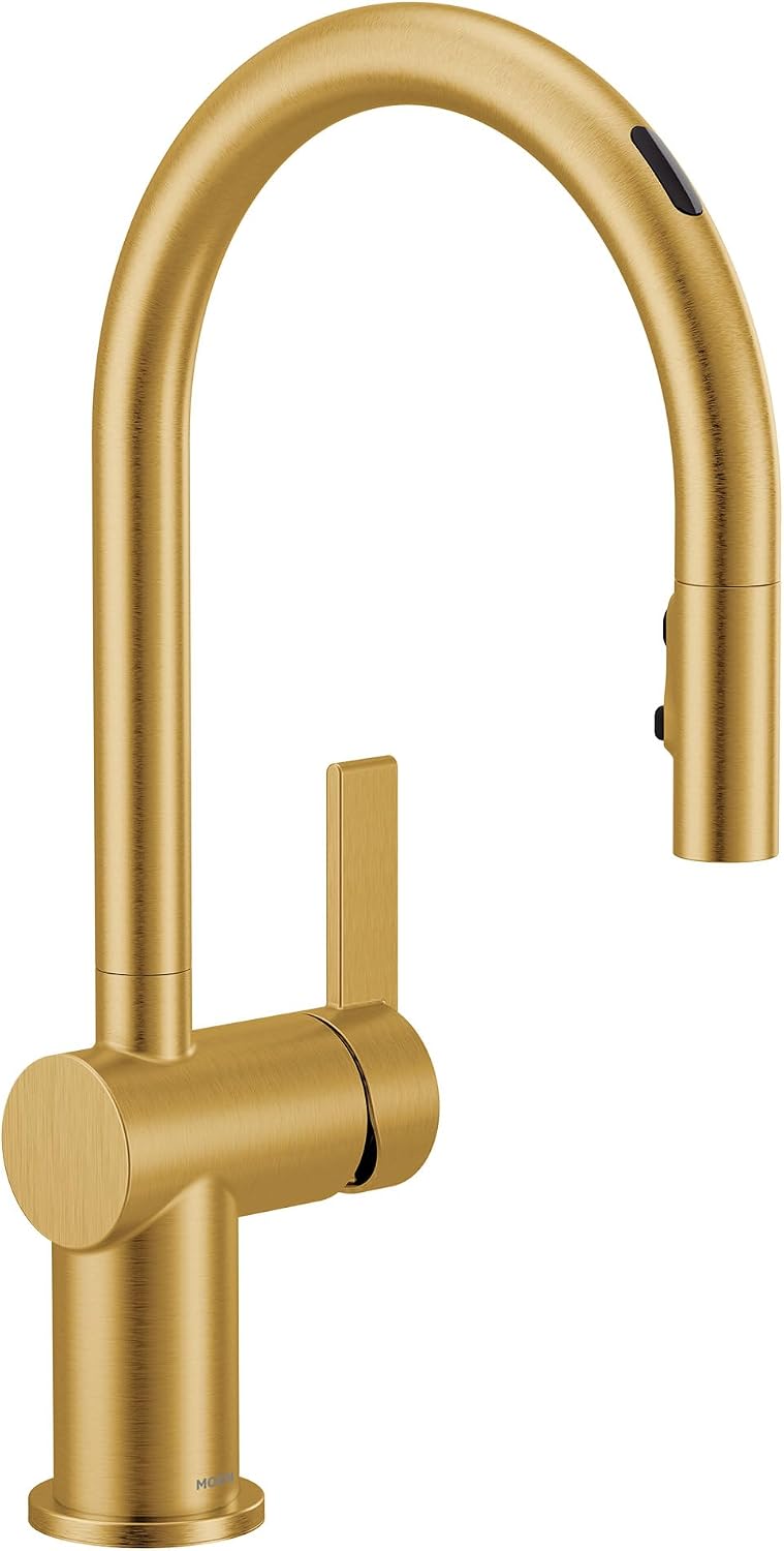 Moen 7622EVBG CIA Smart Faucet Touchless Pull Down Sprayer Kitchen Faucet with Voice Control and Power Boost, Includes Optional Matte Black Accents, Brushed Gold