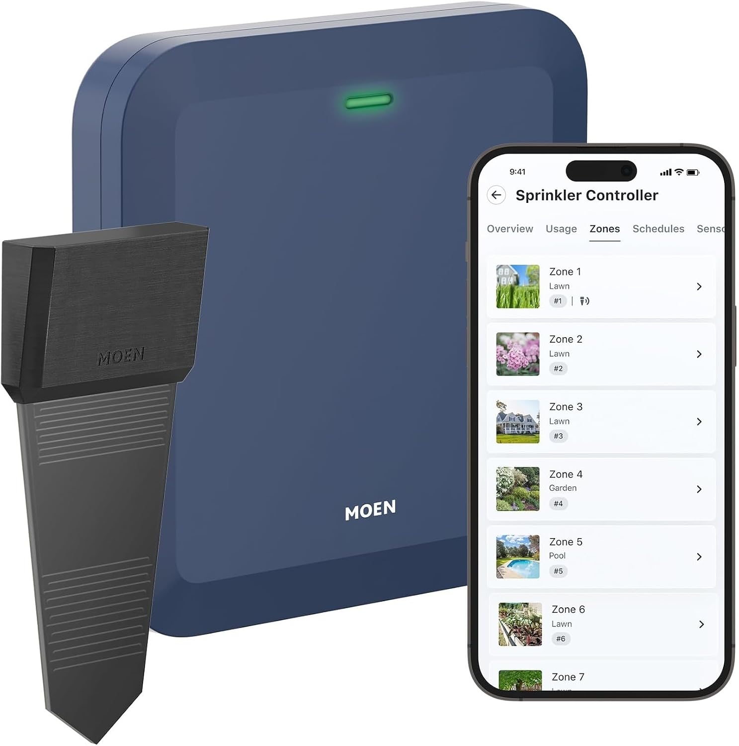 Moen 8-Zone Smart Sprinkler Controller, Wi-Fi Connectible Smart Irrigation System with Automatic Water Timer, WICNT008G1USA with 8 Moen Smart Wireless Soil Sensors