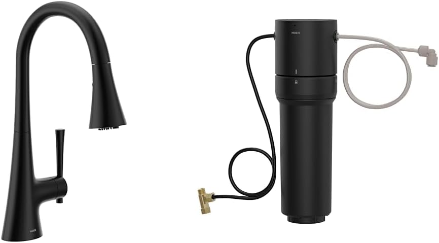 Moen Kurv Matte Black 3-in-1 Water Filtration Pull Down Kitchen Faucet, F9126BL with Moen F9800 Advanced Carbon Water Filtration System