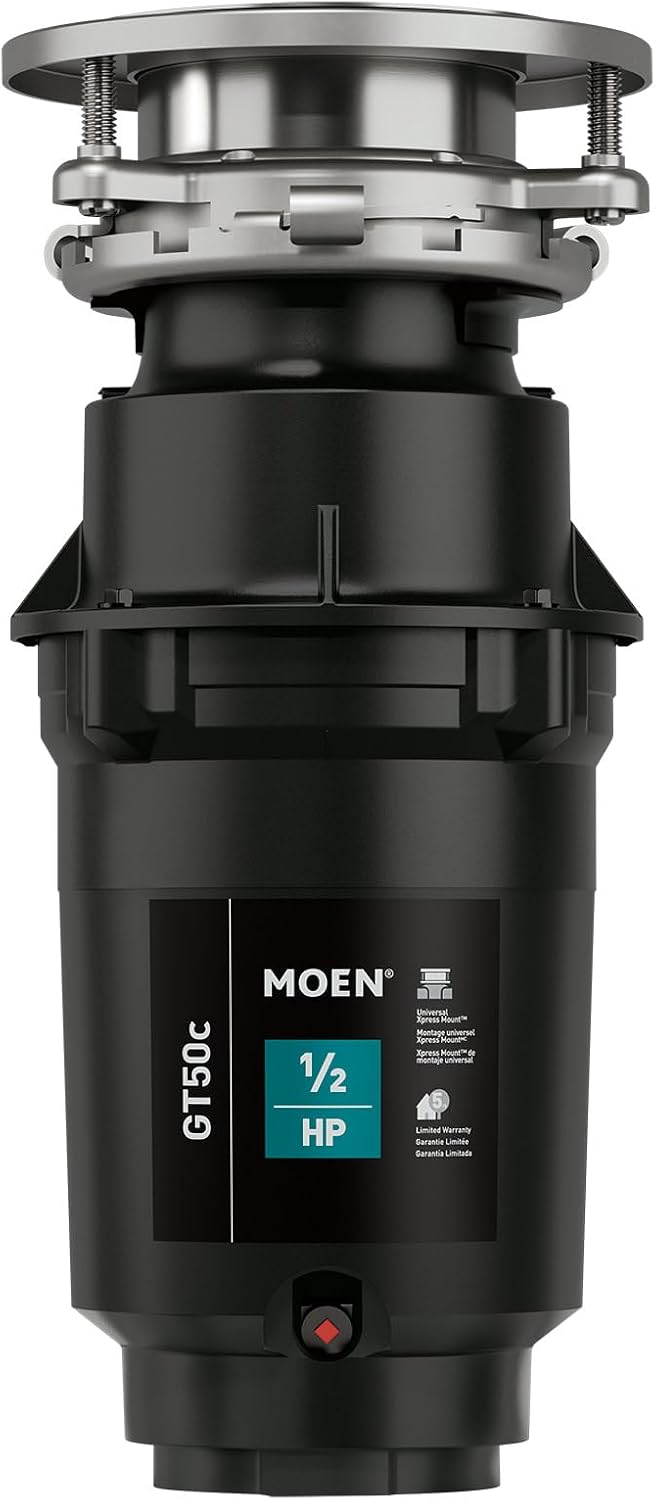 Moen Prep Series Disposer 1/2 Horsepower Continuous Feed Garbage Disposal featuring Fast Track Technology, Power Cord Included, GT50C