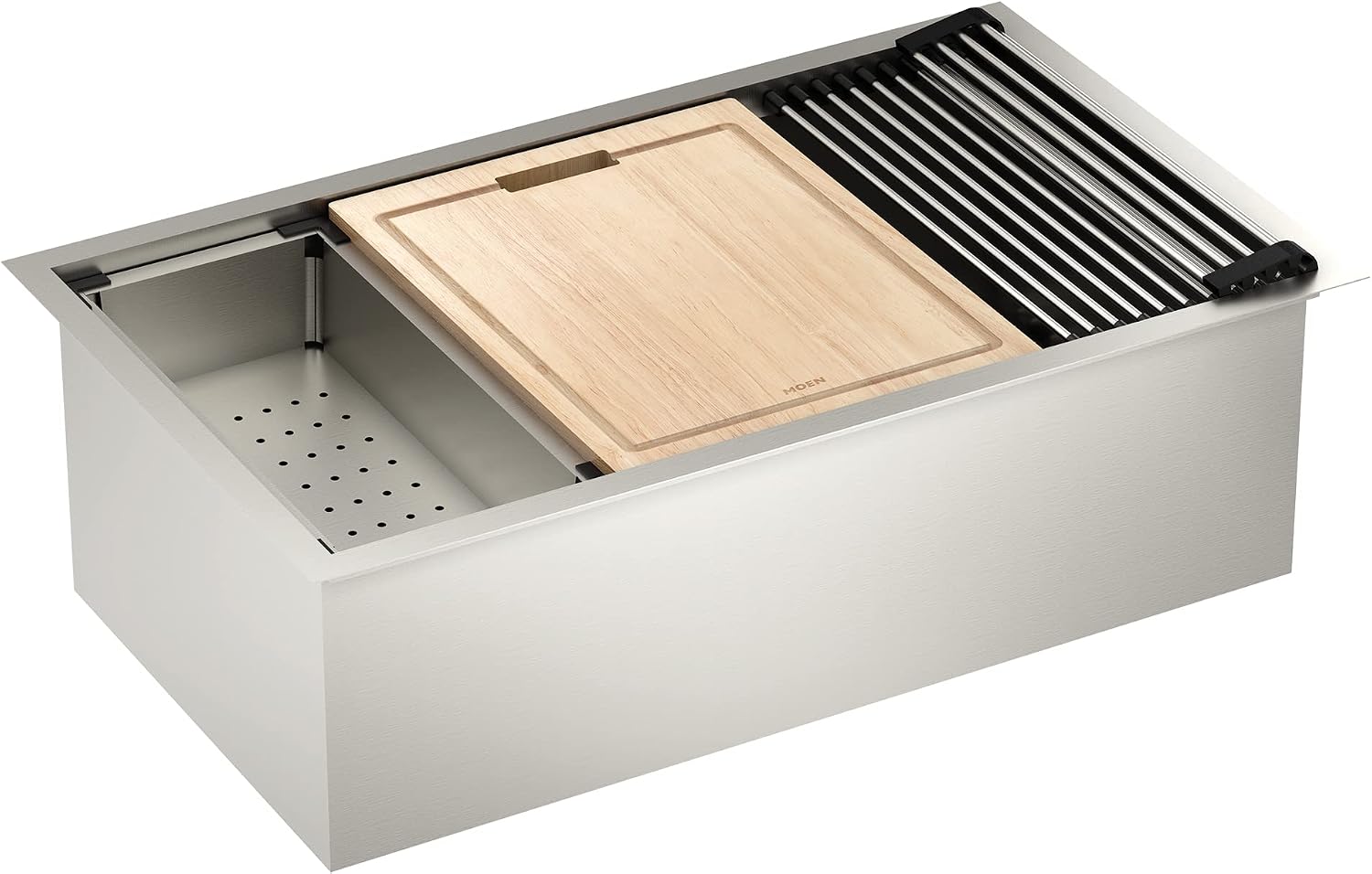 Moen Luxe Chef 18-Gauge Stainless Steel Undermount 32" x 19" Single Bowl Workstation Sink, Includes Cutting Board, Flexible Drying Rack, Colander, Bottom Sink Grid, and Drain, GS181020BUX