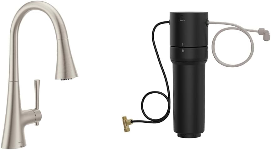 Moen Kurv Spot Resist Stainless 3-in-1 Water Filtration Pull Down Kitchen Faucet, F9126SRS with Moen F9800 Advanced Carbon Water Filtration System