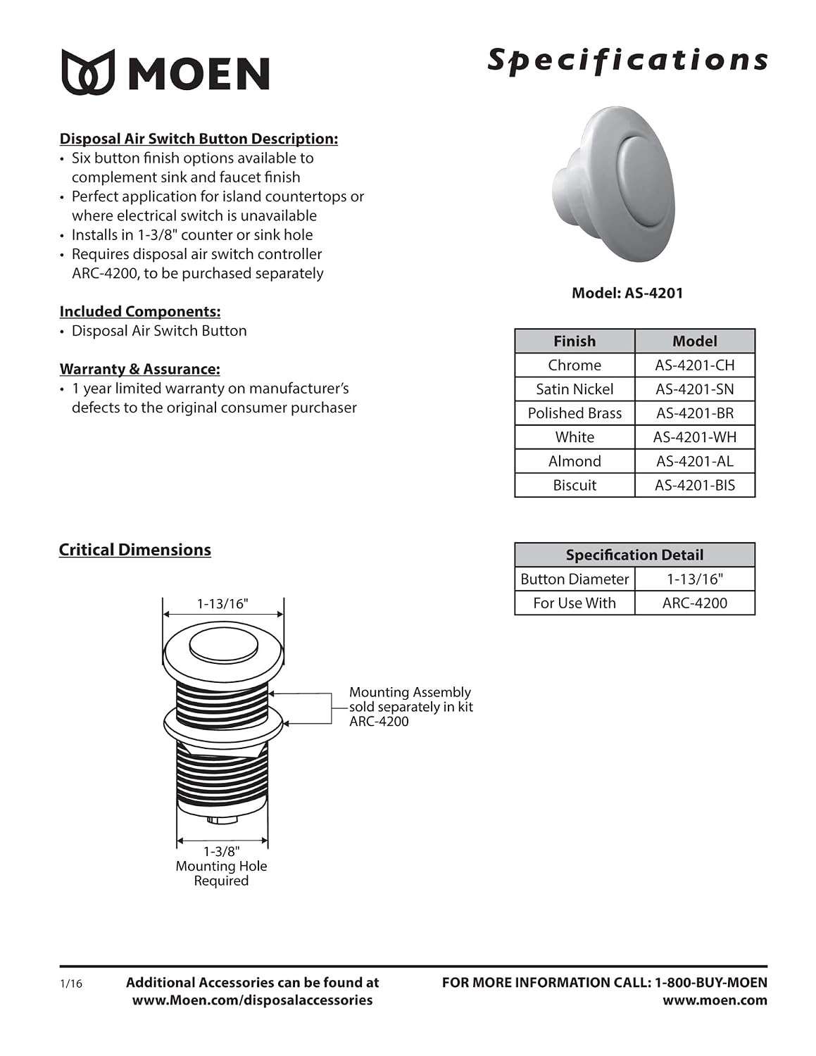 Moen Garbage Disposal Air Switch Button, Matte Black, AS-4201-BL