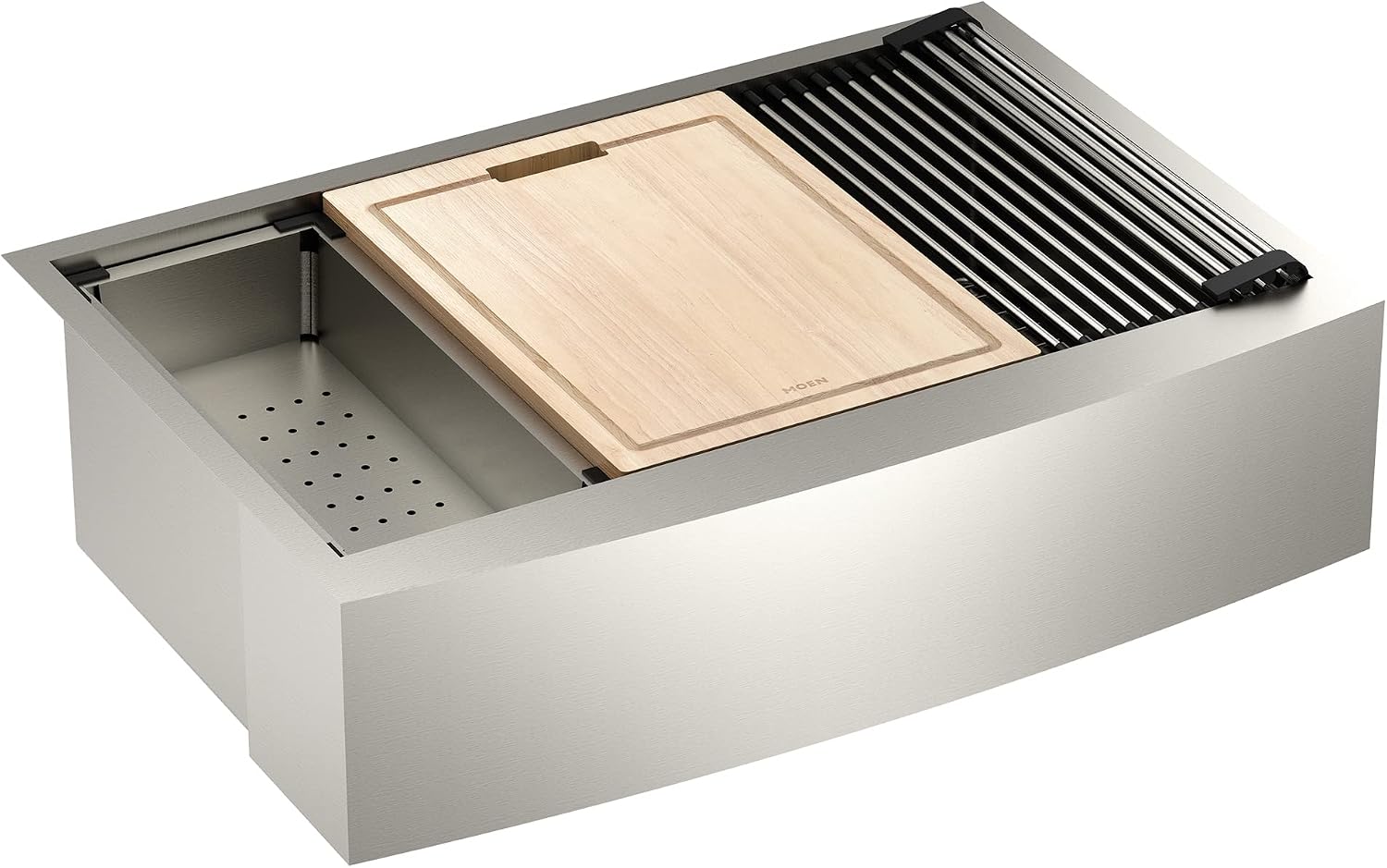 Moen Luxe Chef 18-Gauge Stainless Steel Undermount Apron Front 33" x 22" Single Bowl Workstation Sink, Includes Cutting Board, Flexible Drying Rack, Colander, Bottom Sink Grid, and Drain, GS181050BUX