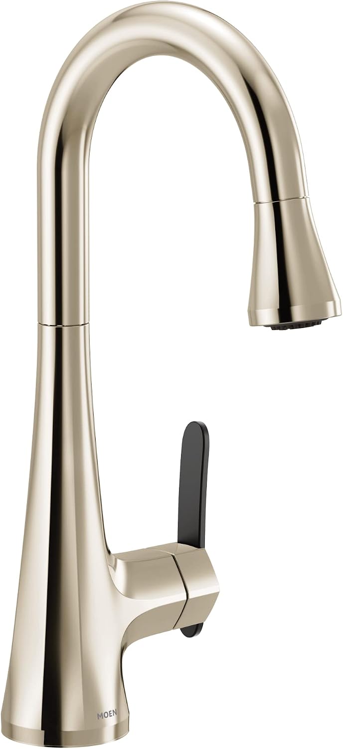 Moen S6235NL Sinema One-Handle High Arc Pulldown Bar Faucet featuring Power Clean and Reflex, Polished Nickel