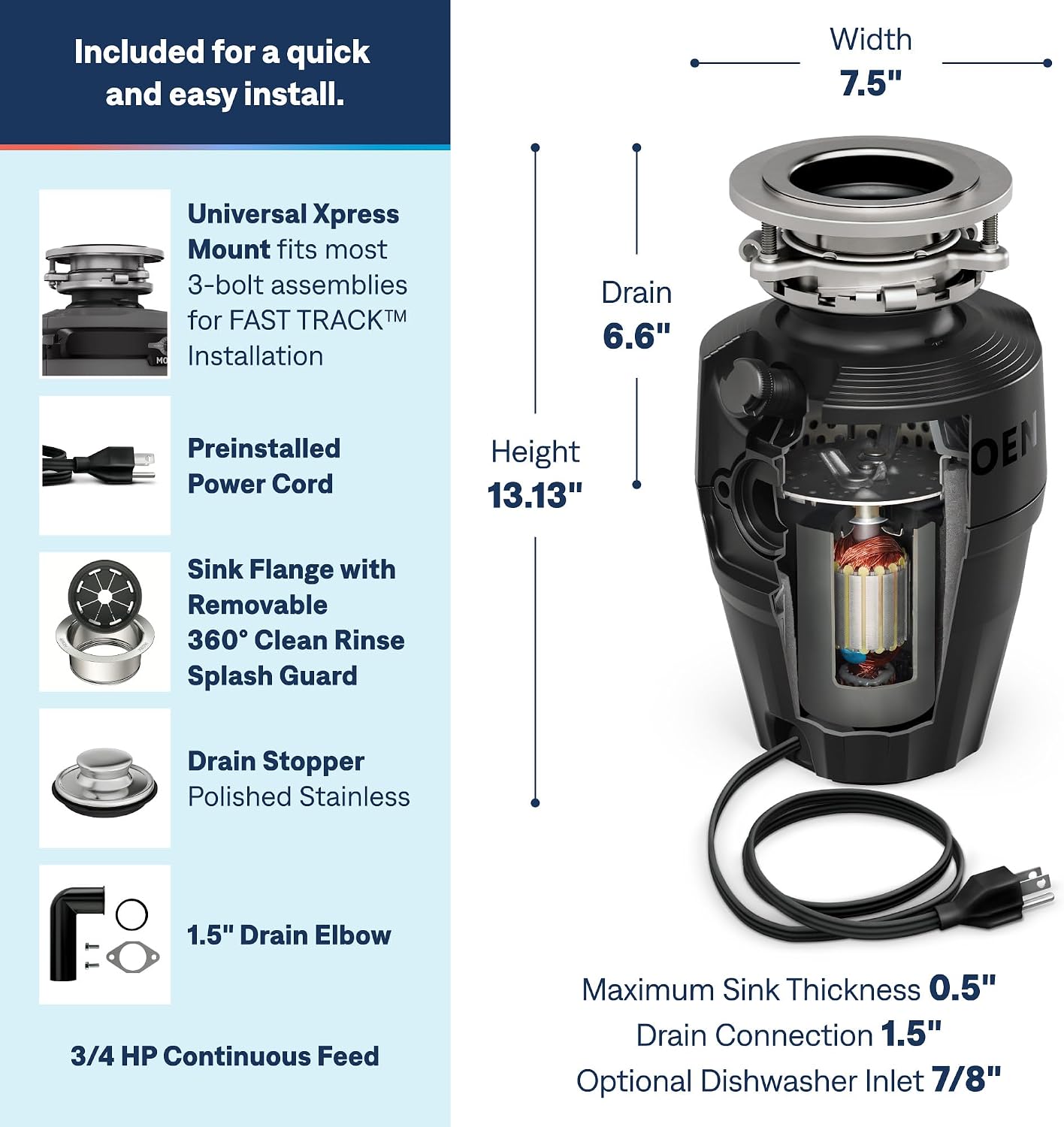Moen EX Series 3/4 HP Garbage Disposal, Black, EX75C