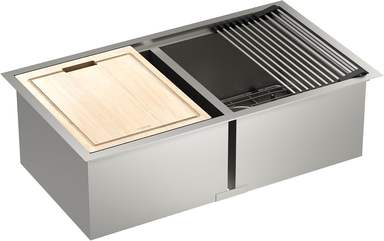 Moen Luxe Chef 18-Gauge Stainless Steel Undermount 33" x 19" Double Bowl Workstation Kitchen Sink, Includes Cutting Board, Flexible Drying Rack, Colander, Bottom Sink Grid, and Drain, GS182040BUX