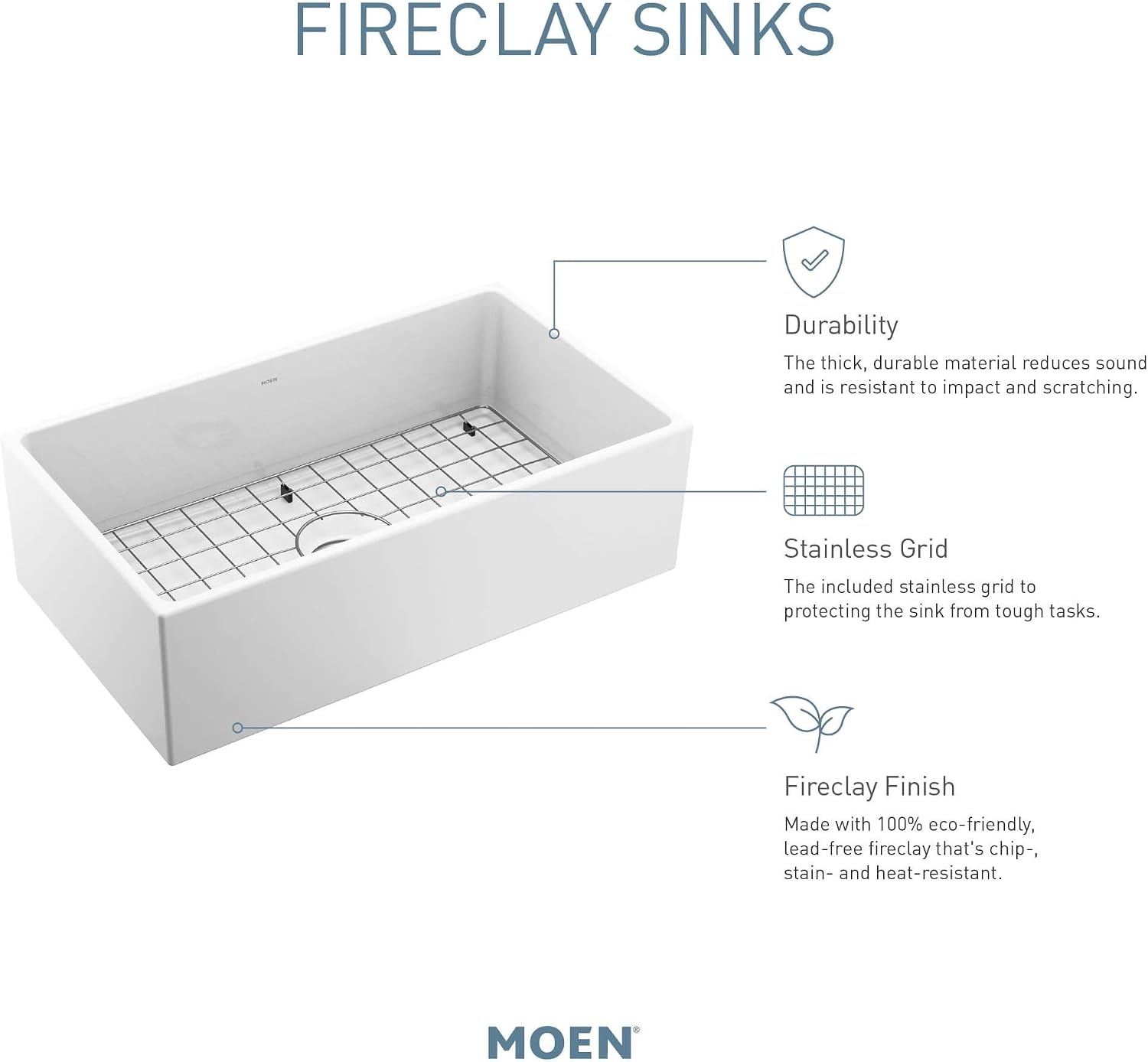 Moen FC331910 Apron-Front Fireclay Single Bowl Undermount Kitchen Sink, 33", White