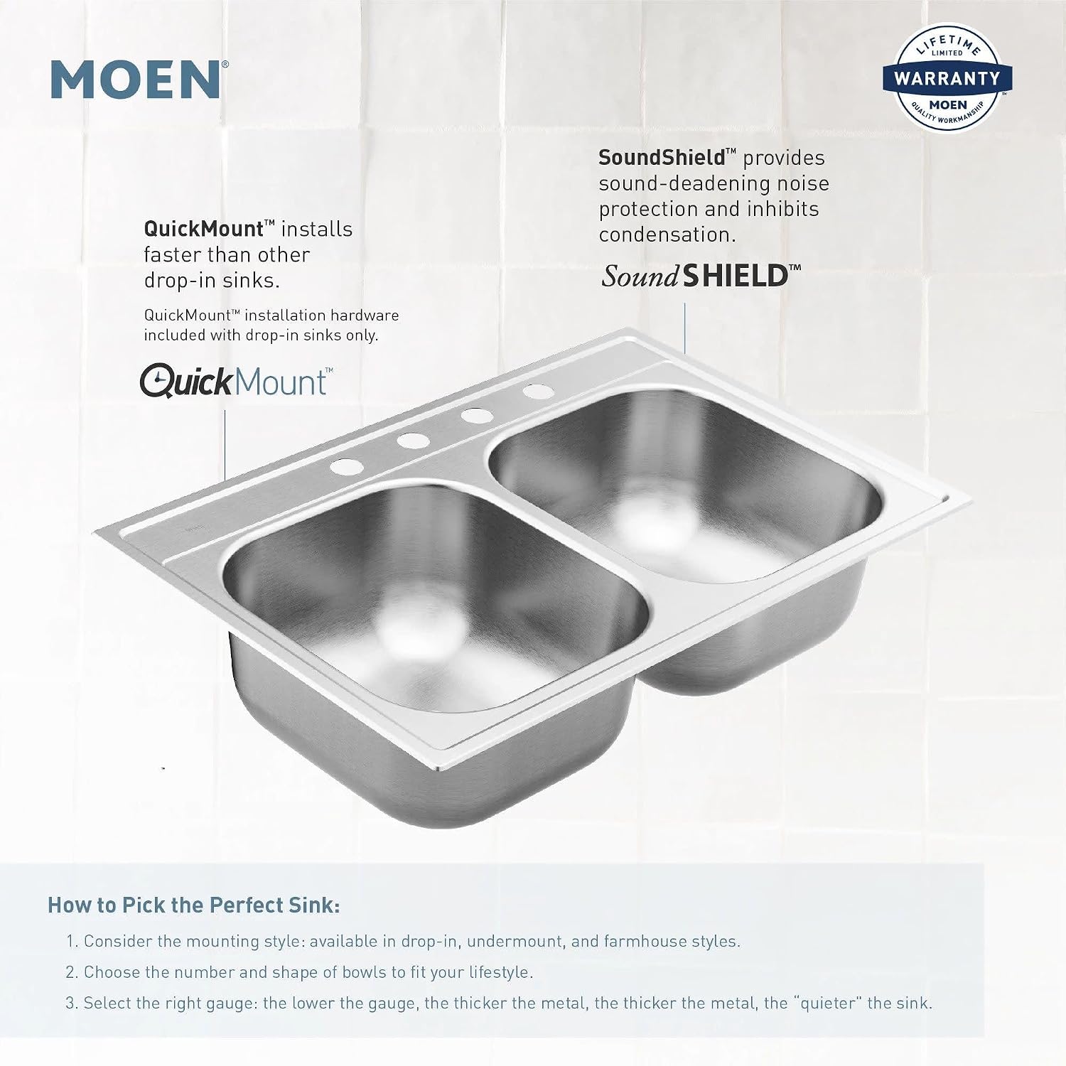 Moen 1800 Series Undermount Single Bowl Bar Sink, Stainless, GS18442