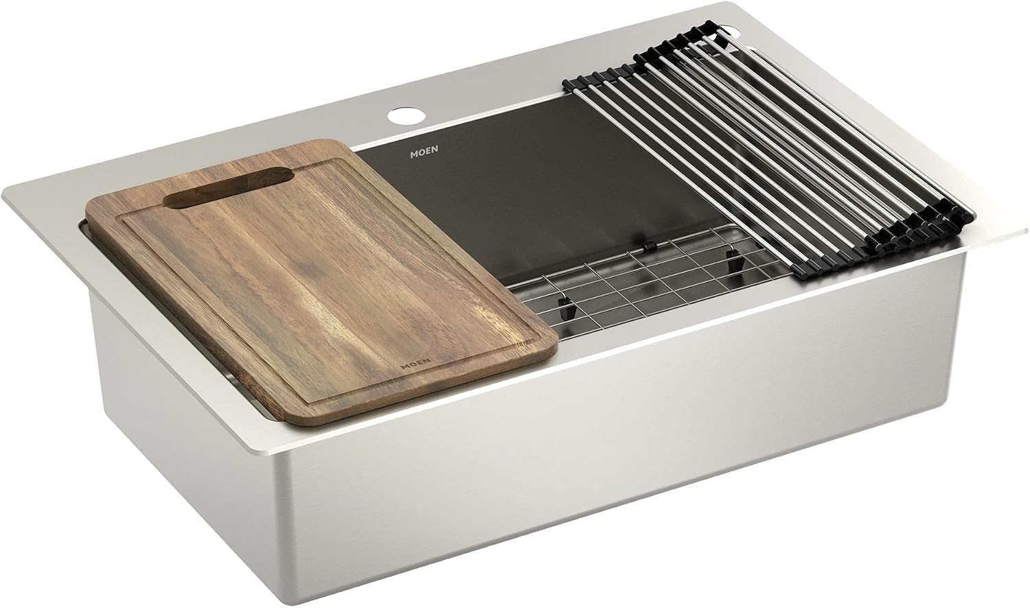 Moen Luxe Chef 18-Gauge Stainless Steel Dual Mount 33" x 22" Single Bowl Workstation Sink, Includes Cutting Board, Flexible Drying Rack, Colander, Bottom Sink Grid, and Drain, GS181012BUX