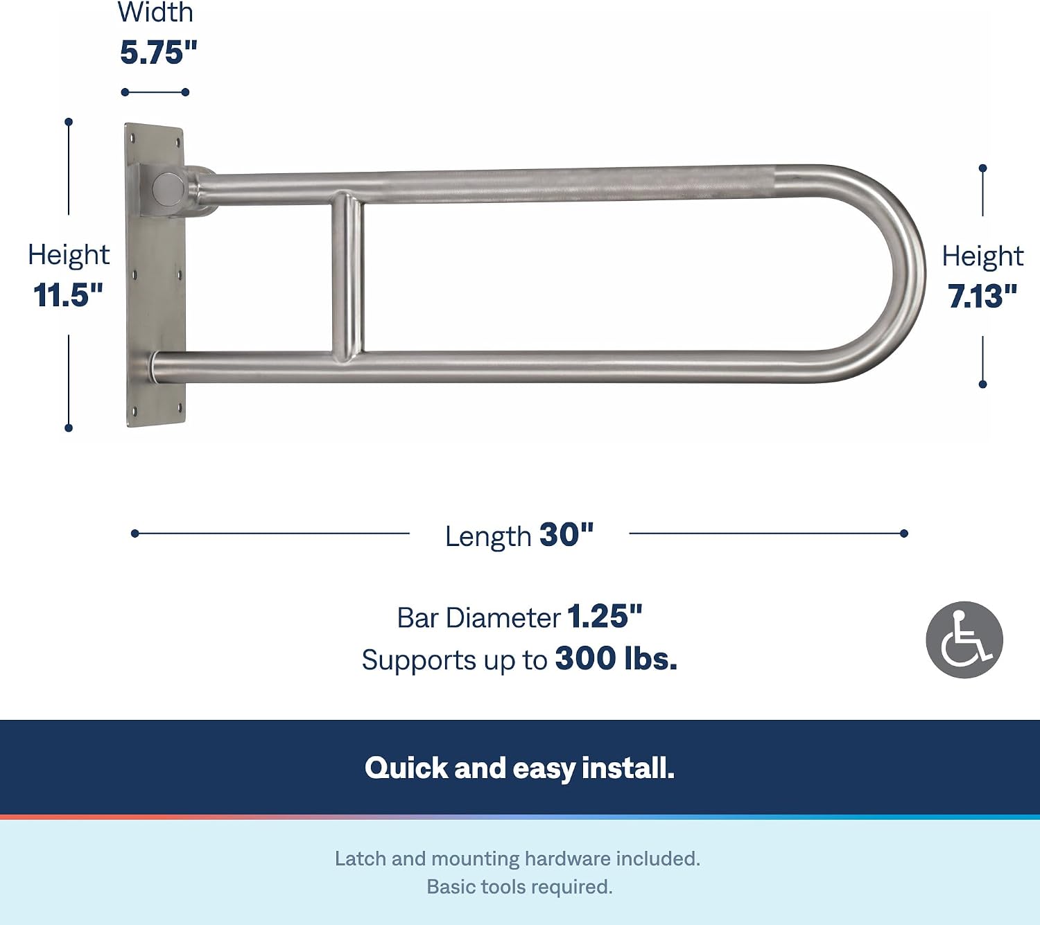 Moen R8960FD 30" Flip-Up Grab Bar, Textured Grip, Stainless Peened