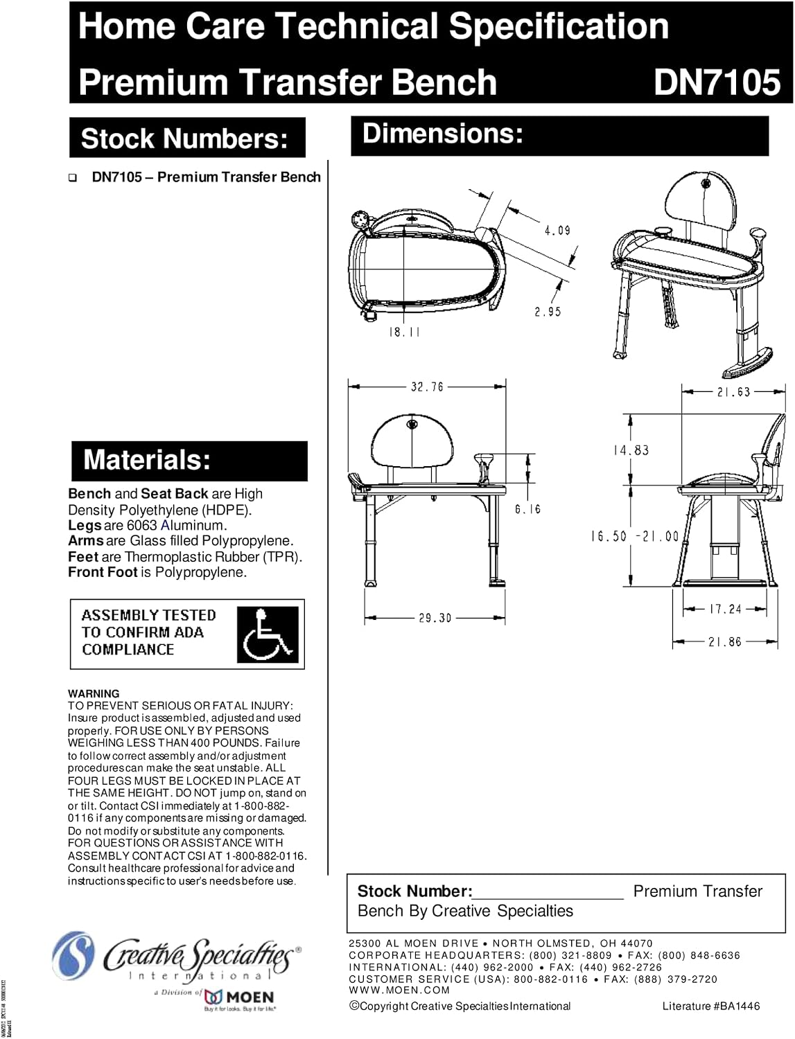 Moen DN7105 Home Care Premium Tub Transfer Bench