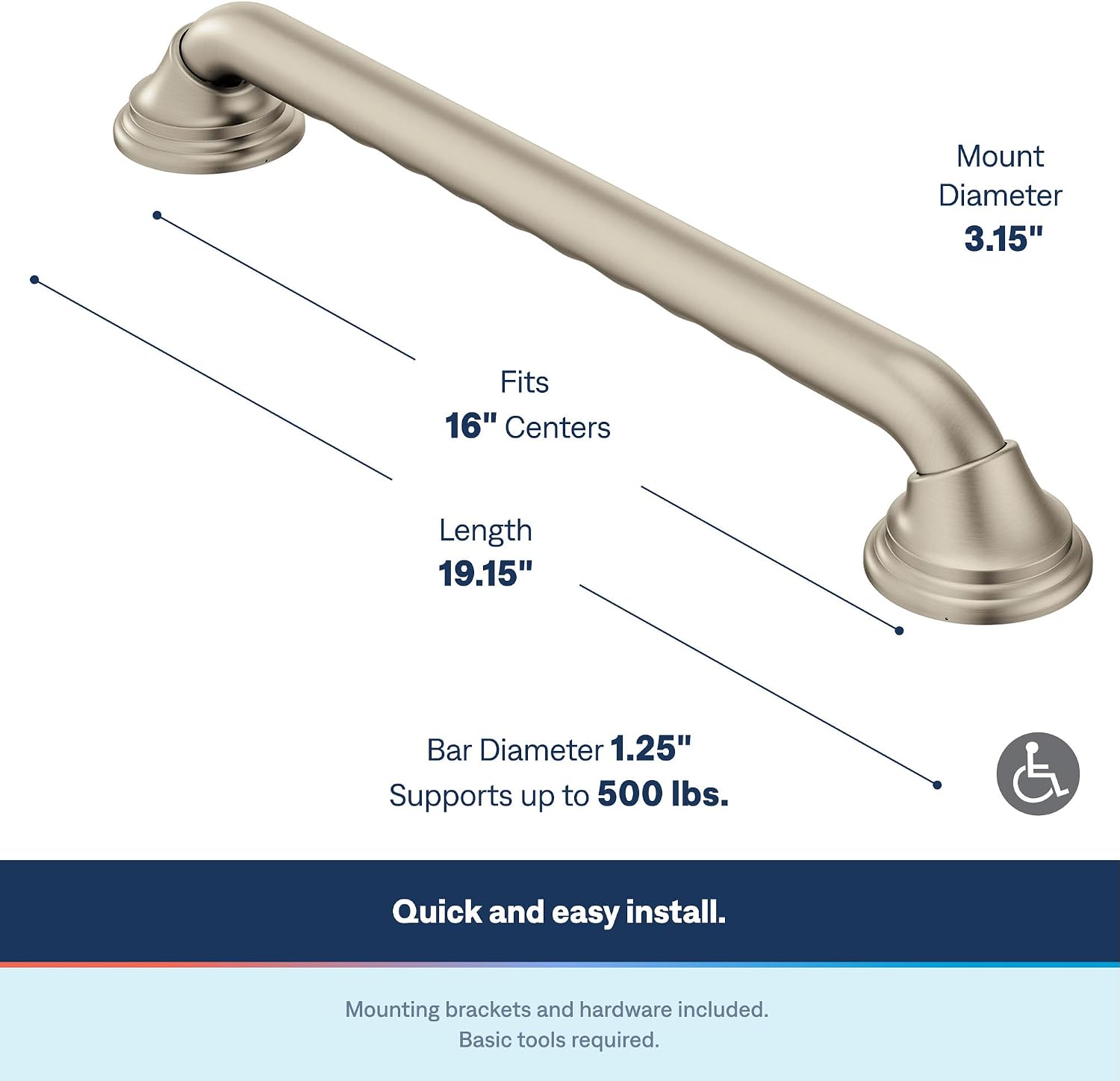 Moen LR8716D3BN 16-In Brushed Nickel Grab Bar