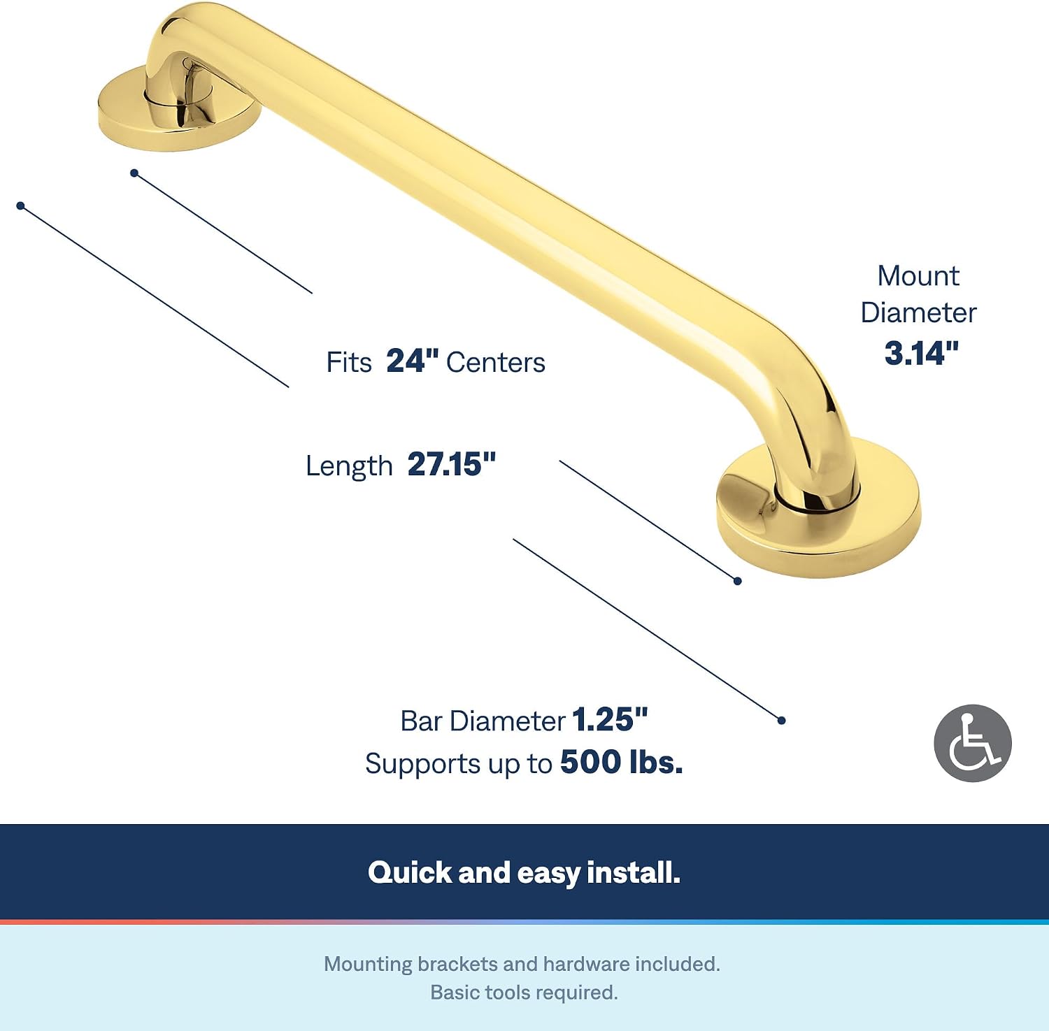 Moen R8724PB Home Care Shower Grab Bar, Polished Brass, 24-in