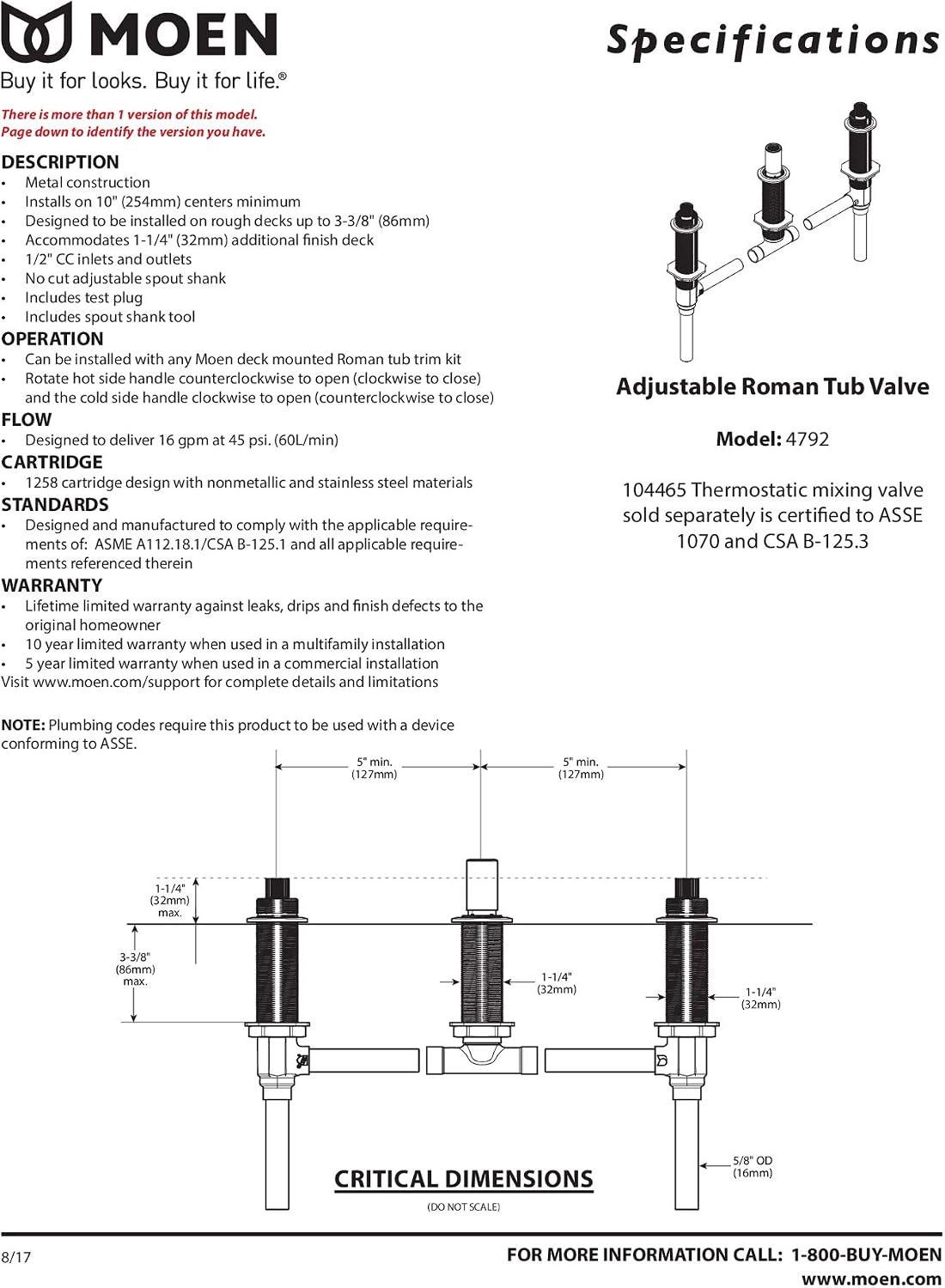 Moen 4792 M-Pact Two-Handle Adjustable Roman Tub Faucet Valve