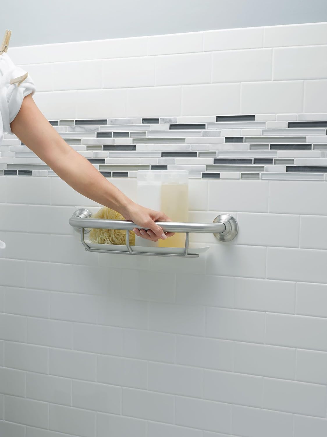 Moen R2356DBN Home Care 16-in Grab Bar with Shelf, Brushed Nickel