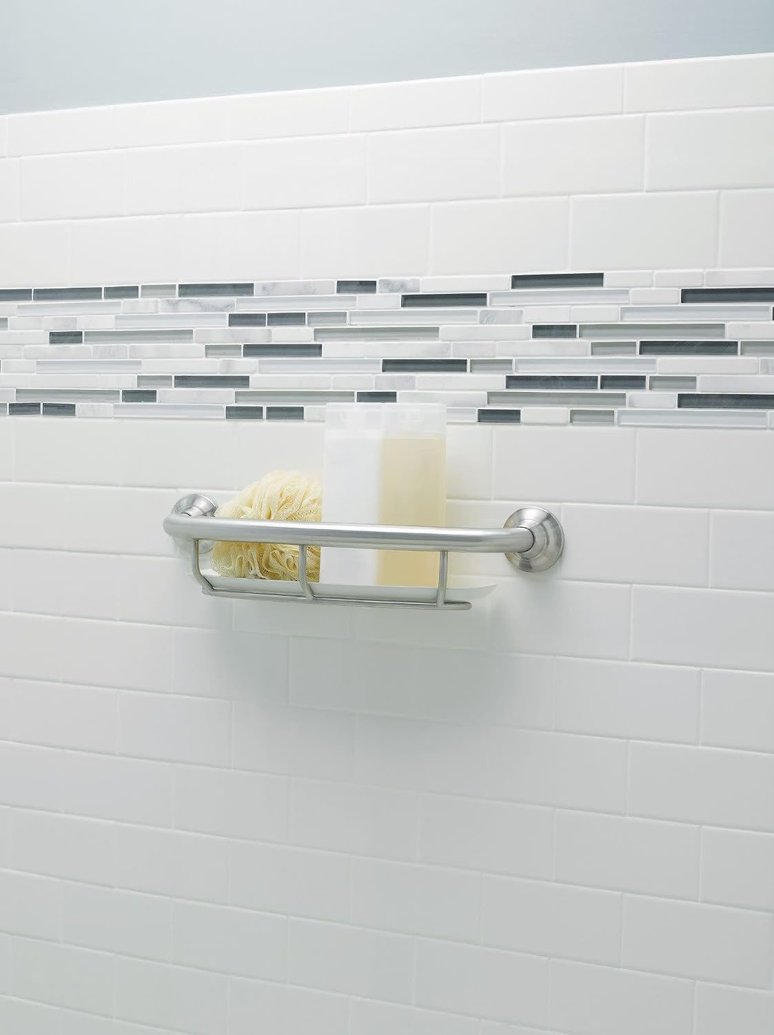 Moen R2356DBN Home Care 16-in Grab Bar with Shelf, Brushed Nickel